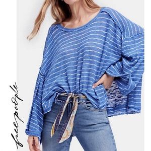 New Free People Slouchy Island Girl Blue White Hacci Loose Crop Knit Sweater